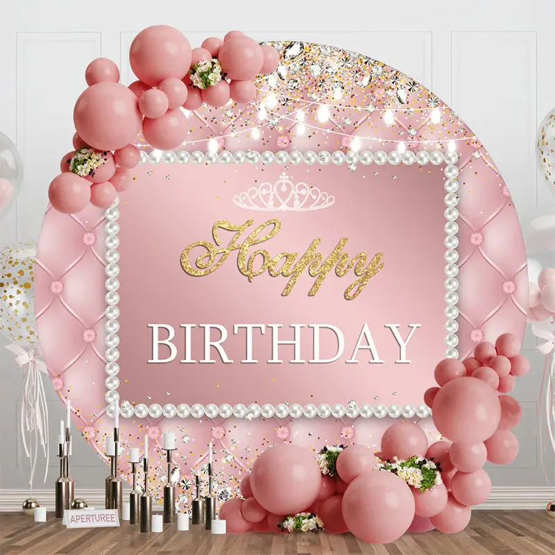 Pink Sparkling Lights Crown Round Birthday Backdrop - Aperturee
