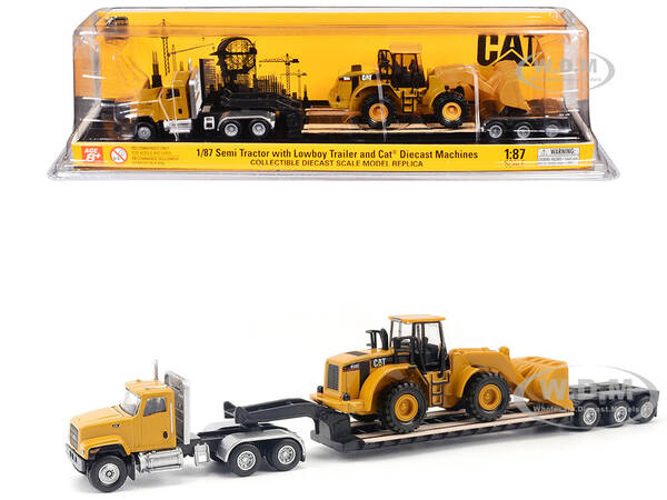 CAT Caterpillar CT681 Day Cab Tractor Yellow with Lowboy Trailer and CAT 950G Wheel Loader Yellow 1/87 (HO) Diecast Model by ...