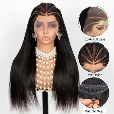 Ashimary Pull Go 13x6 Full Wig Half Braid Straight Transparent Lace Frontal Pre Bleached & Plucked Human Hair Pre Styled Glue...