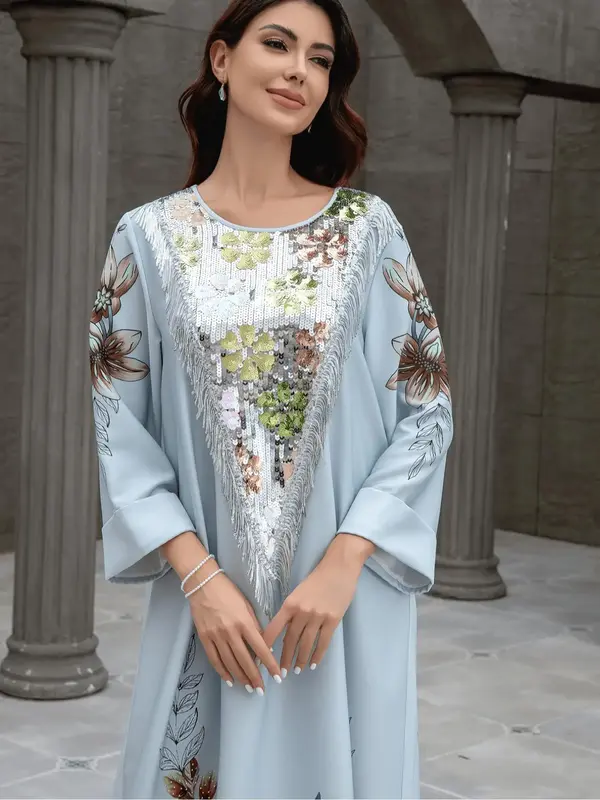 Women's Floral Print Round Neck Dress, Elegant Long Sleeve Crew Neck Dress for Party Holiday Wedding, Ladies Clothes for All ...