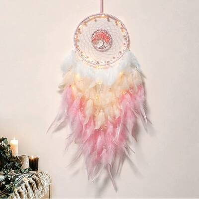 Natural Rose Quartz Chips Flat Round with Tree of Life Pendant Decorations