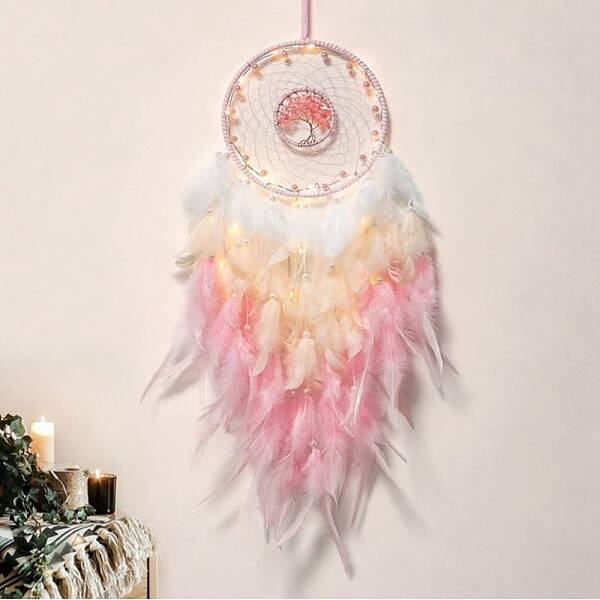 Natural Rose Quartz Chips Flat Round with Tree of Life Pendant Decorations