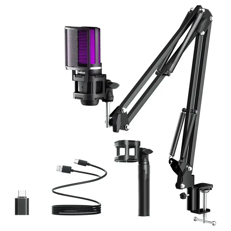 Multifunctional USB Microphone, 1 Set Live Broadcast & Interview Microphone Kit With RGB Light, Tripod & Cantilever Mount, Ty...