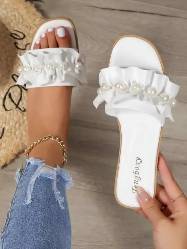 Women's Cute Faux Pearl Decorated Ruched Design Slide Sandals, 1 Pair Casual Comfortable Flat Slippers for Summer, Fashion Sh...
