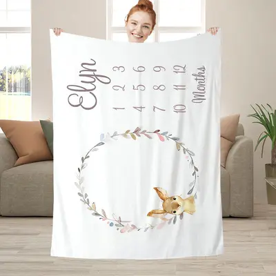 Cute Deer Wreath Custom Baby Blanket With Name Month - Aperturee