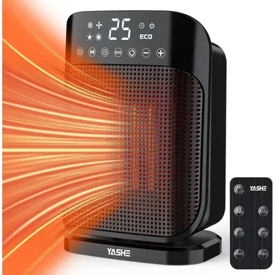YASHE Space Heater, 1500W Portable Electric Heater for Indoor Use with Thermostat, 75° Oscillation, Digital Display, Remote ...