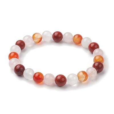 8mm Round Natural Red Jasper & Rose Quartz & Carnelian & Quartz Crystal Beaded Stretch Bracelets for Women