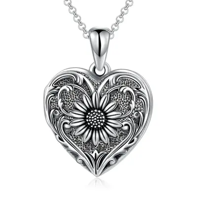 Sterling Silver Sunflower & Heart Personalized Photo Locket Necklace