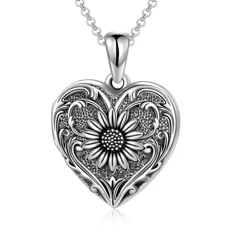 Sterling Silver Sunflower & Heart Personalized Photo Locket Necklace