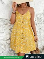 【Plus Size】 Ditsy Floral Print Button Cami Dress, Casual Boho Sleeveless Spaghetti Strap Short Dress for Beach Holiday Va...