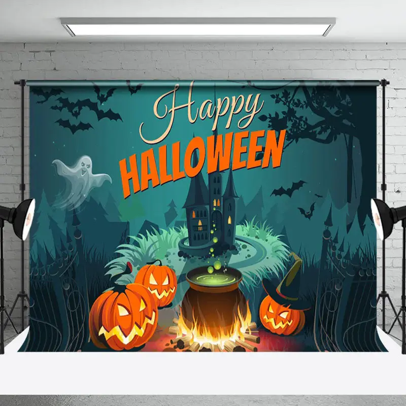 Pumpkin Manor Bat Happy Happy Halloween Party Backdrop