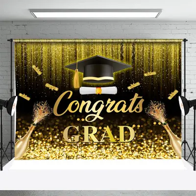 Golden Glitter Tassel Champagne Graduation Backdrop - Aperturee