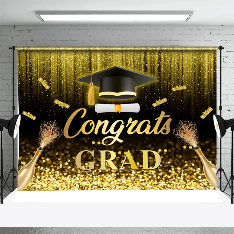 Golden Glitter Tassel Champagne Graduation Backdrop - Aperturee
