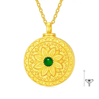 Sterling Silver with Yellow Gold Plated Round Emerald Sunflower Urn Necklace for Ashes