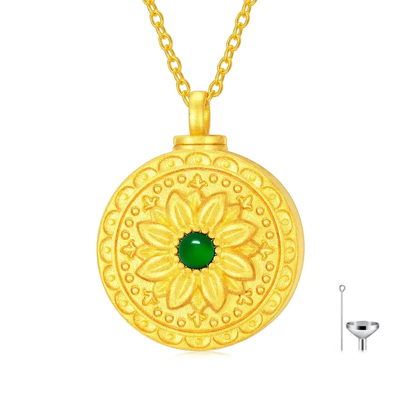 Sterling Silver with Yellow Gold Plated Round Emerald Sunflower Urn Necklace for Ashes