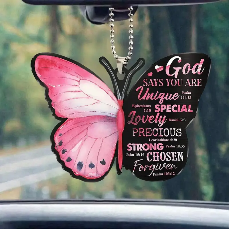 Slogan Graphic Butterfly Shaped Car Hanging Decoration, Acrylic Car Hanging Ornament with Chain, Auto Rear View Mirror Pendan...