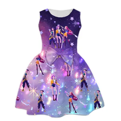 Girls KPOP Demon Hunter Huntrix Role Printed Sleeve Dress,Rumi Mira Zoey Character Design Outfits Casual Fit for Kids 4-14 Ye...