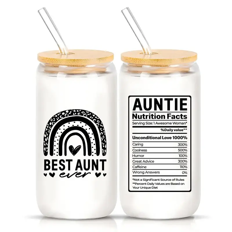 16oz Glass Cup with Straw & Brush, 1 Count Best Aunt Ever Letter Pattern Glass Cup with Wooden Lid, Drinking Cup for Home Off...