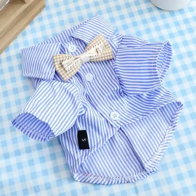Bow Decor Stripes Pattern Pet Shirt, Cute Bowknot Button Decor Pet Shirt, Pet Clothes for Small Dogs & Cats