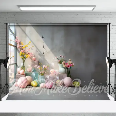 Cement Wall Colorful Floral Eggs Easter Backdrop - Aperturee