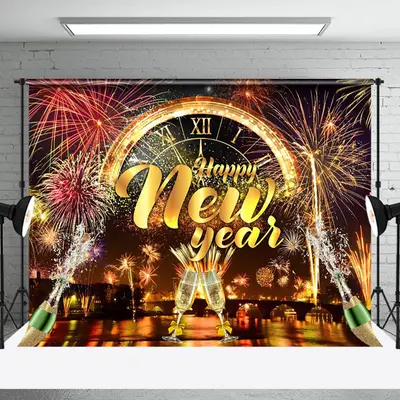 Aperturee Gold Colorful City Night Happy New Year Backdrop