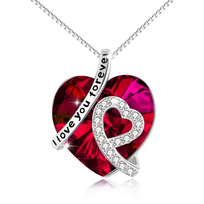 Sterling Silver Red Heart Crystal Engraved Box Chain Necklace for Women