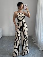Women's All Over Print Belted Jumpsuit, Casual Comfy Sleeveless Wide Leg Jumpsuit for Daily Wear, Ladies Clothes for All Seas...