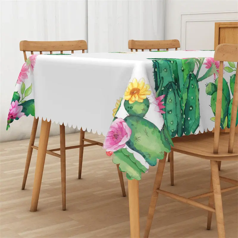 Green Cactus Pink Floral White Rectangle Tablecloth - Aperturee
