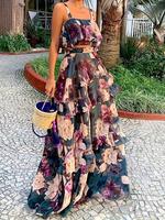 Women's Floral Print Ruffle Trim Crop Cami Top & Ruffle Hem Tiered Layer Skirt, Boho Top & Skirt for Beach Vacation Wedding G...