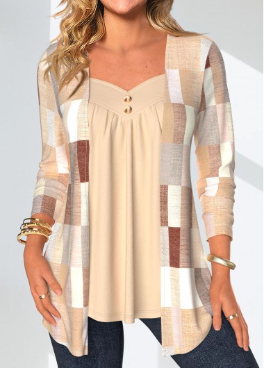 Modlily Skin Color Patchwork Geometric Print Fake Two Piece Twinset - S