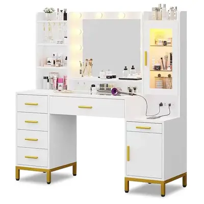 Sikaic 49.2 Inches LED Makeup Vanity White Furniture Dresser Organization Aesthetic desk withdrawers with Lights Storage Home...