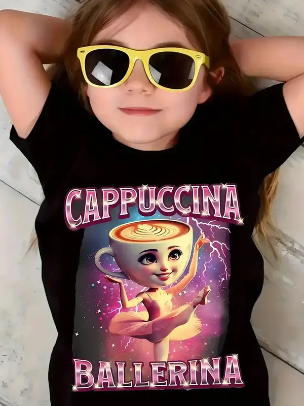 Girls Summer Fashion Cappuccino Coffee Print Short Sleeve T-Shirt, Casual Outdoor Wear, Comfortable Fit, Moderate Fabric Thic...
