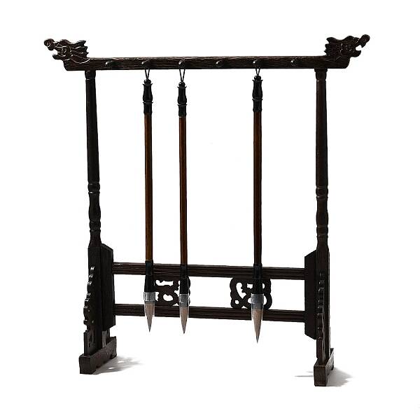 12-Pin Wenge Brush Holder Wood Carving Calligraphy Sumi Brush Hanger Calligraphy Stand Shelf Chinese Brush Holder with 3pcs B...