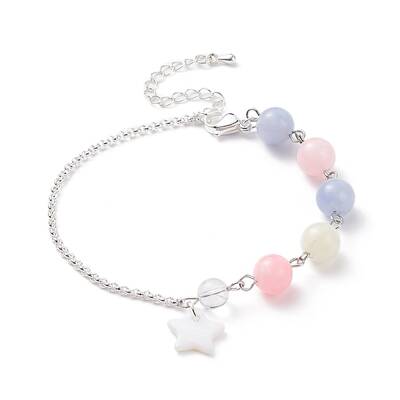 Natural White Jade(Dyed) Beaded Bracelet with 304 Stainless Steel Rolo Chains