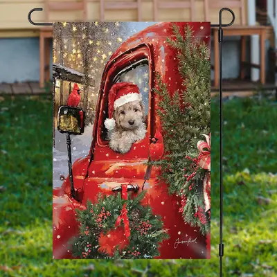 Red Truck Dog Plants Snowy Christmas Garden Flag - Aperturee