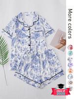 2 Counts Women's All Over Print Contrast Binding Lapel Shirt & Shorts Pyjama Set, Back To School Button Front Short Sleeve To...