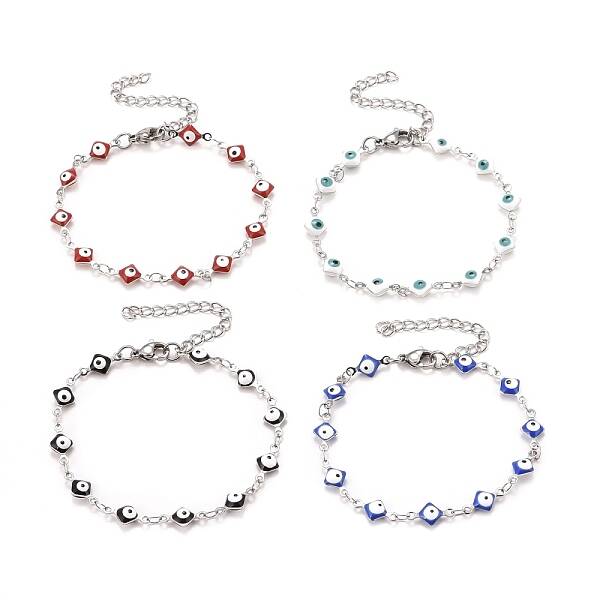 Enamel Rhombus with Evil Eye Link Chains Bracelet