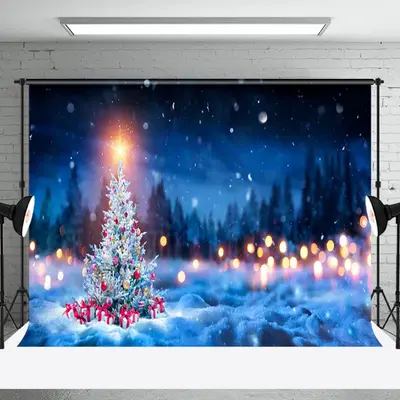 Aperturee Winter Night Bokeh Light Tree Snow Christmas Backdrop - Aperturee