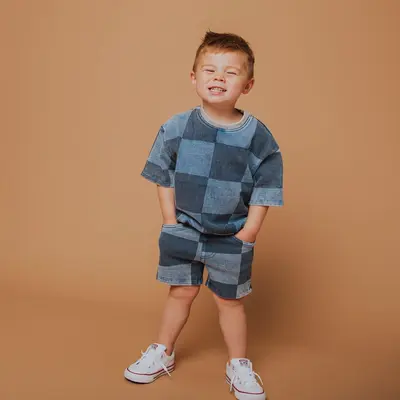 Short Sleeve Crewneck - Blue Denim Check