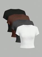 Women's Solid Round Neck Crop Tee, Fitted Casual Soft Fabric Short Sleeve Crew Neck T-shirt for Daily Wear, Ladies Clothes fo...