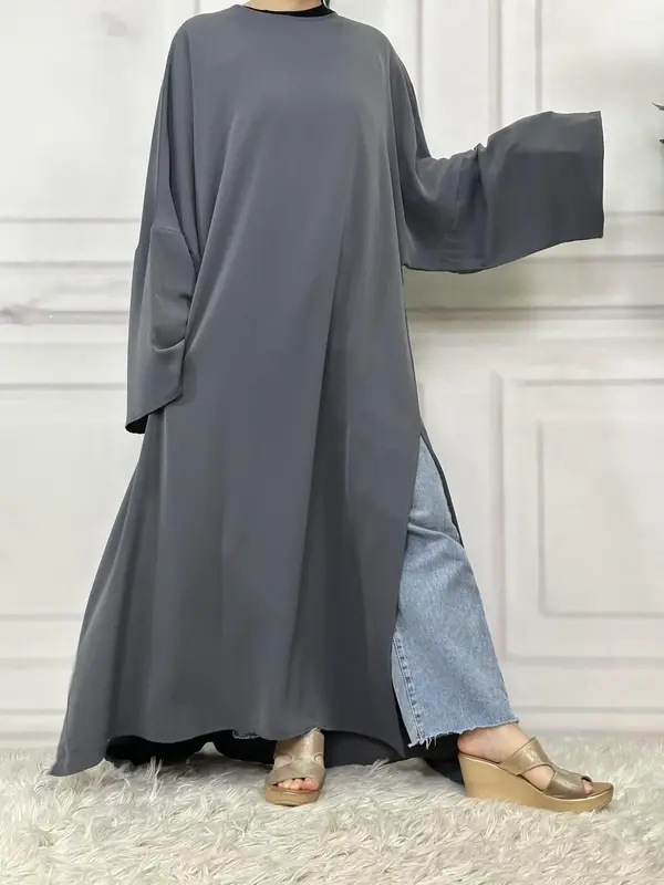 Women's Solid Color Long Sleeve Dress, Modest Casual Dress for Daily Wear, Ladies Islamic Clothing for All Seasons