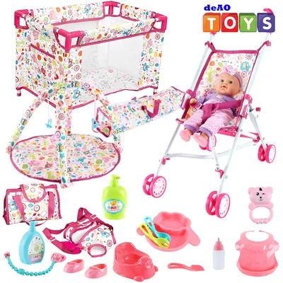 deAO Doll Stroller Nursery Role Play Set with a Variety of Feeding Toy and Play Mat Travel Cot Carrier Stroller and Travel Ba...