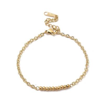 Ion Plating(IP) 304 Stainless Steel Round Beaded Link Bracelet with Oval Link Chains for Women