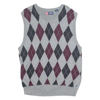 CHAPS Mens Vest Grey Argyle V-Neck Tight Knit Sleeveless L
