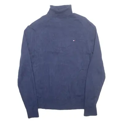 TOMMY HILFIGER Mens Jumper Blue Roll Neck Tight Knit Silk M