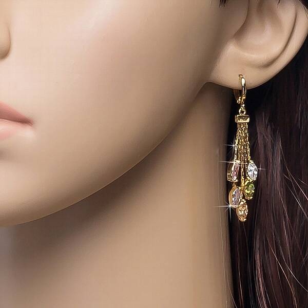 Real 18K Gold Plated Brass Cubic Zirconia Tassels Dangle Hoop Earrings