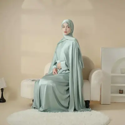 Muslim Modesty Islamic Fashion Chic Caftan Maxi Luxury Satin Wedding Cape Bridal affordable Abaya 3 piece (MOA044) Fit Hijab...