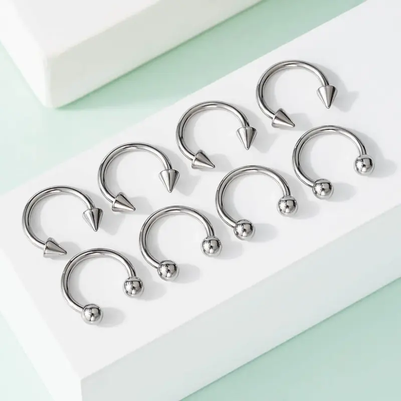 8Pcs Basic Horseshoe Septum Ring Set - Silver / 14G/1.6mm / 10mm