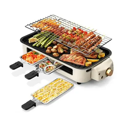 Pukomc White Electric Smokeless Indoor Grill with 5 Temp Levels, Non-Stick Surface, Removable Tray, Dishwasher Safe, Springto...