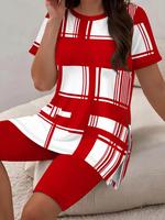 Women'S Plus Size Casual Plaid Print Short Sleeve Top And Shorts Set, Women'S Summer Large Size Suit With Geometric Pattern P...